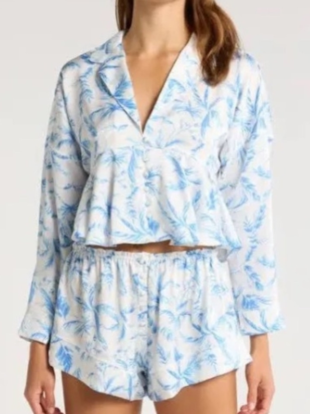 Free People Women's Blue Leaf-Print Two-Piece Sleep Set, SZ L, EUC